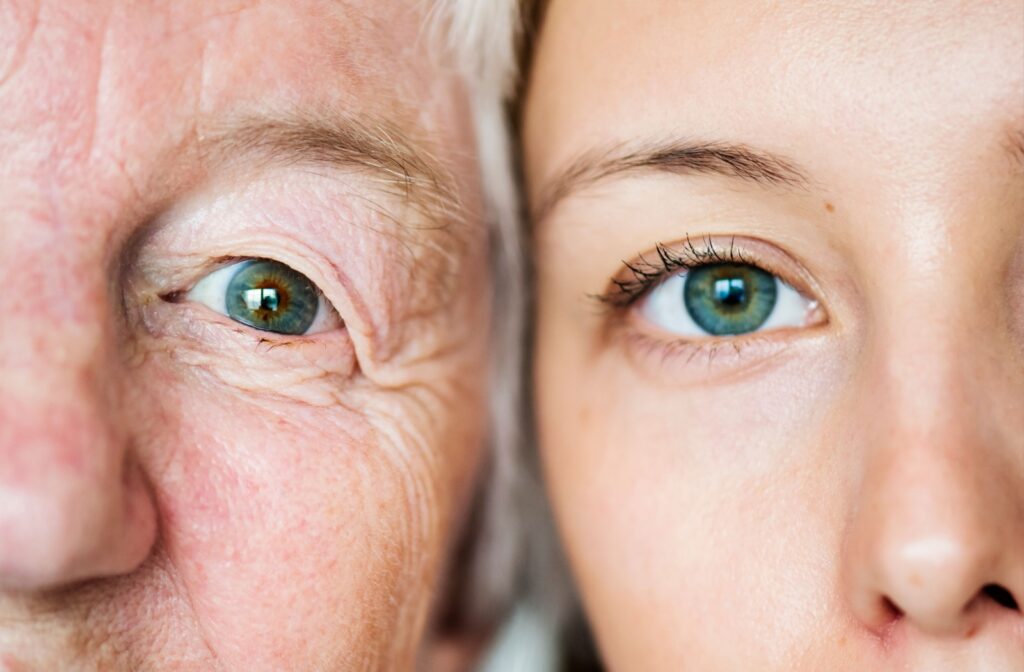 Close-up of one older and one younger person’s eyes side by side, showcasing differences in age and eye features.