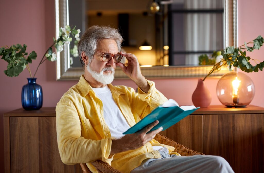 Older adult man in yellow button-down shirt reading a teal cover book wearing and holding on to glasses.