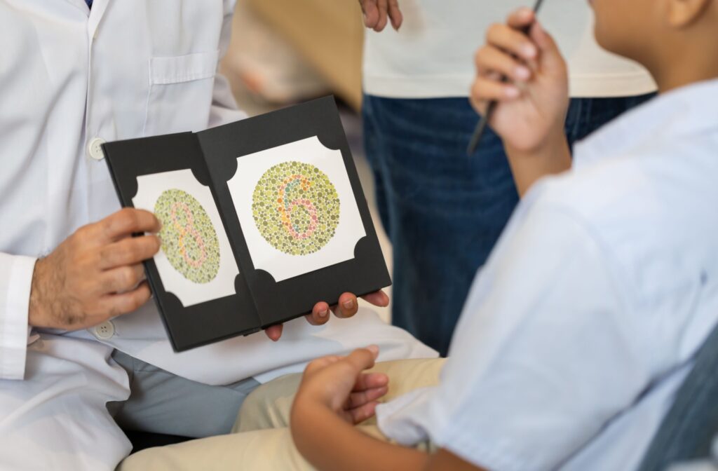 A color blind assessment being performed at an eye doctor's office.
