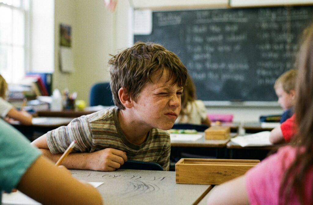 A child at school squinting to see the board due to myopia.