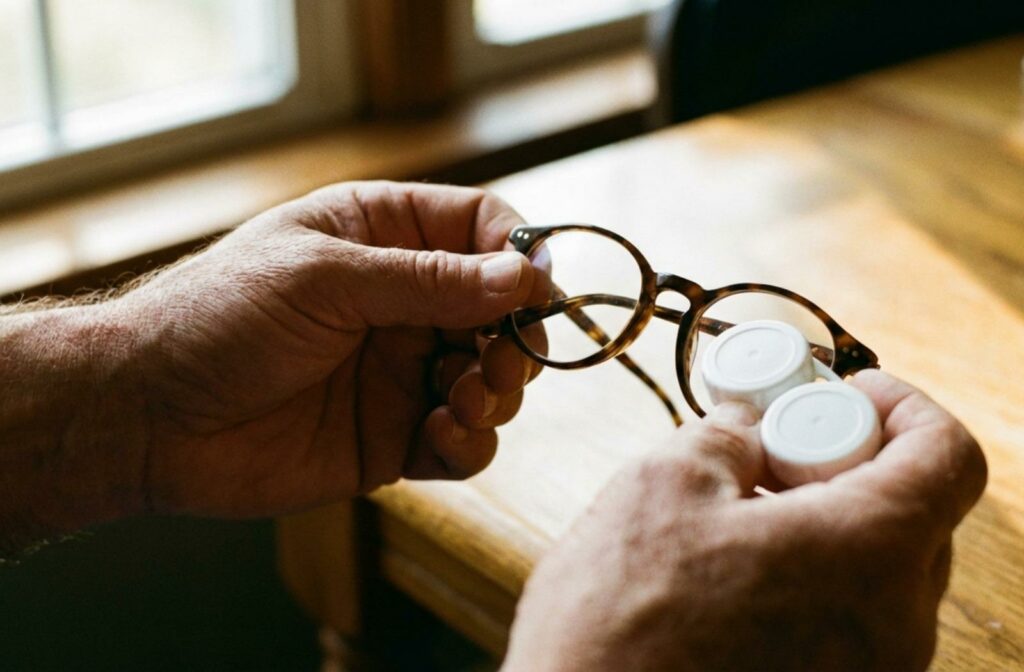 Hands holding glasses in one hand and contact lenses in a case in the other, deciding which is right for their astigmatism.