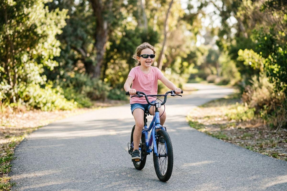 A smiling child wearing sunglasses rides a blue bicycle on a paved path lined with trees.