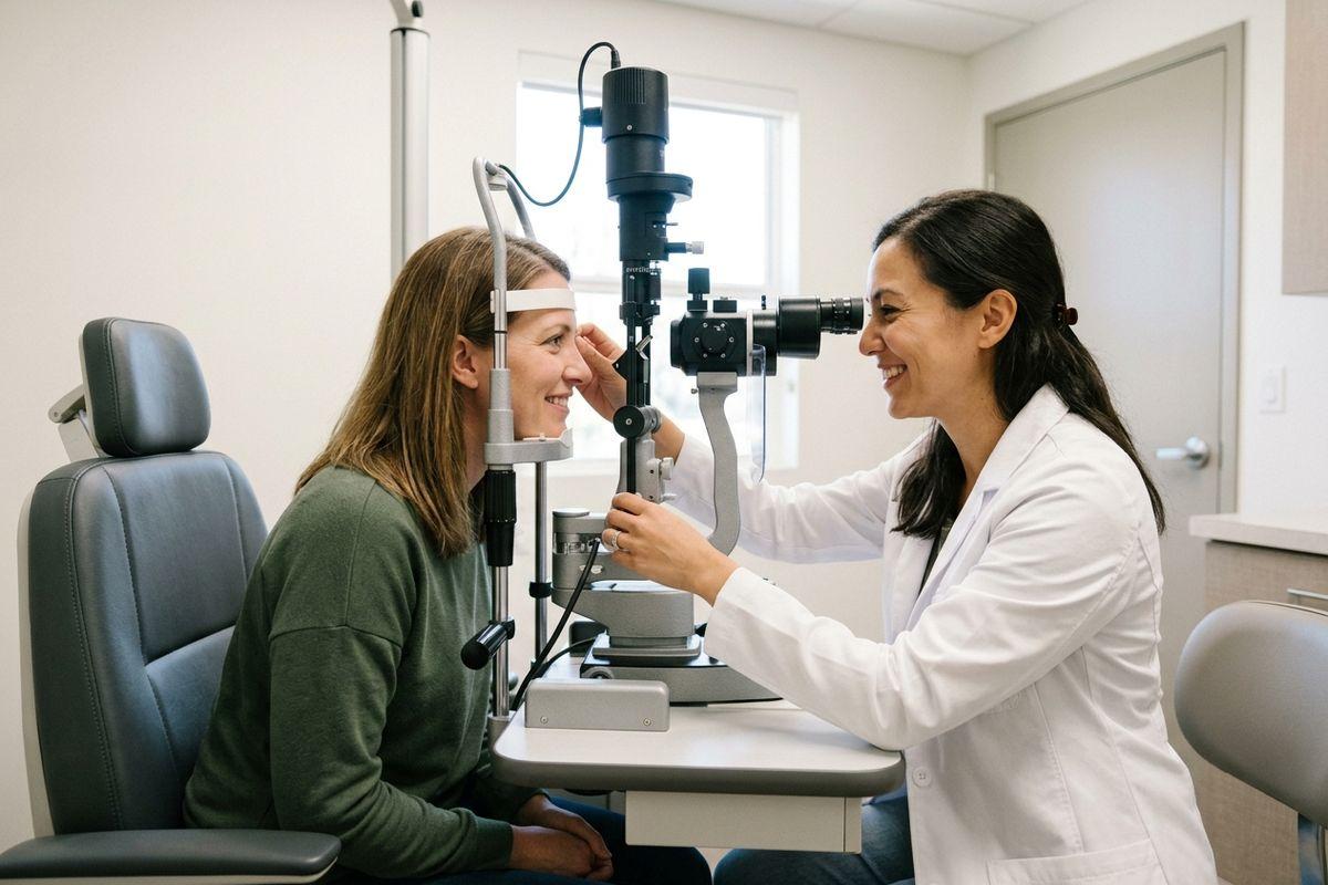 A smiling optometrist looks through a slit lamp to examine an adult patient's eye in an exam room.