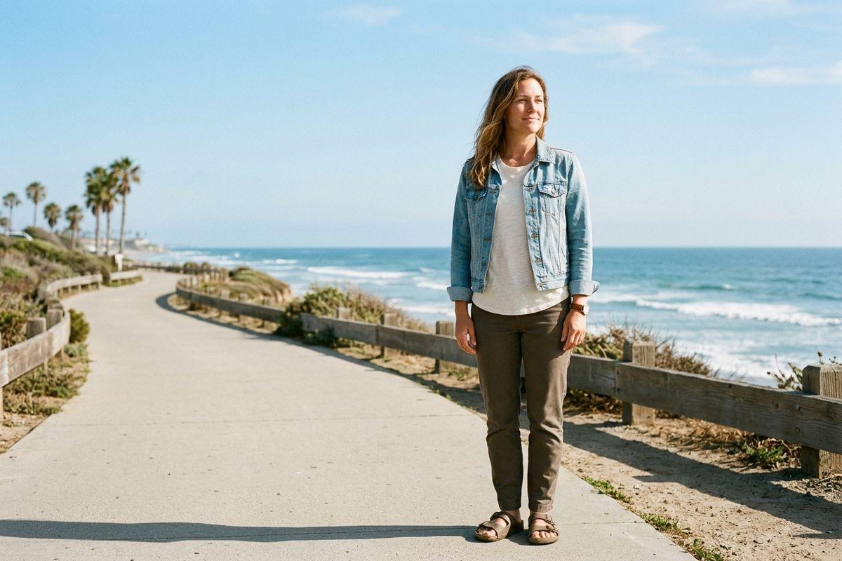 An adult stands on a paved path beside the ocean, looking away with a slight smile, wearing a denim jacket, white shirt, and dark pants.
