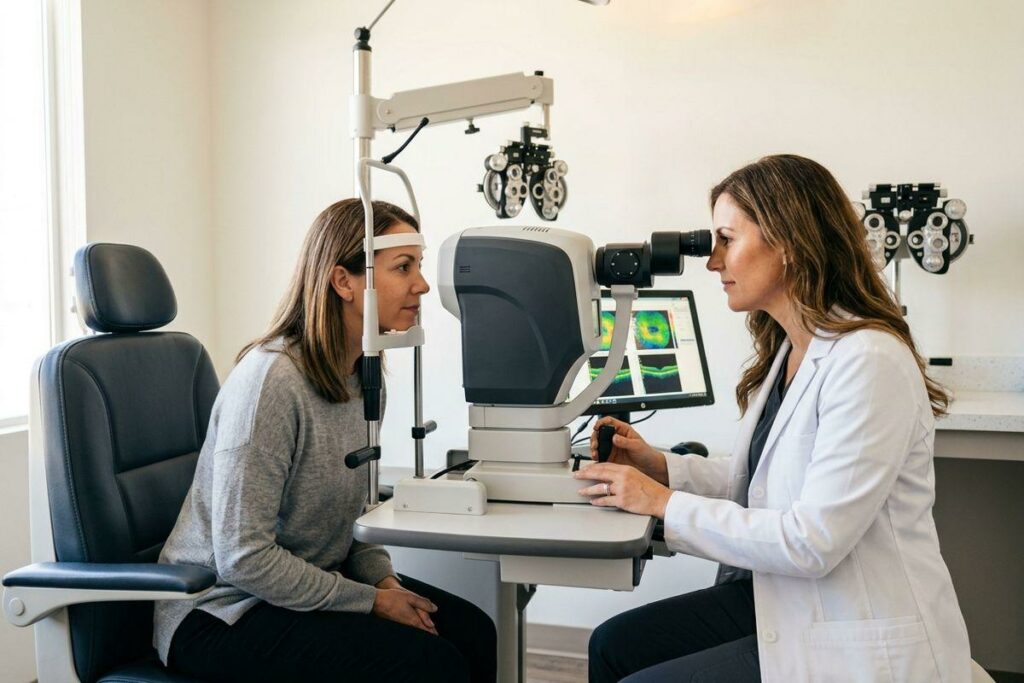 Optometrist looks through an eye examination machine to check a seated adult patient with their chin on a rest in a clinic.