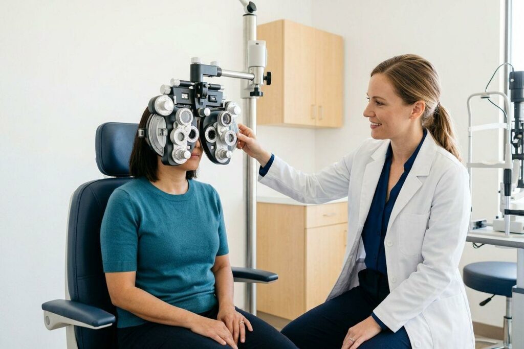 A smiling optometrist adjusts a phoropter for an adult patient seated in an exam chair.