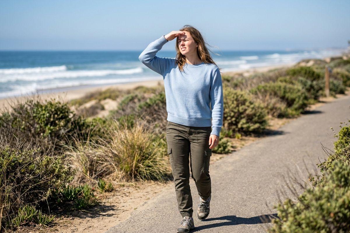 An adult walks on a paved coastal path near the beach, squinting and raising one hand to shade their eyes from the sun.